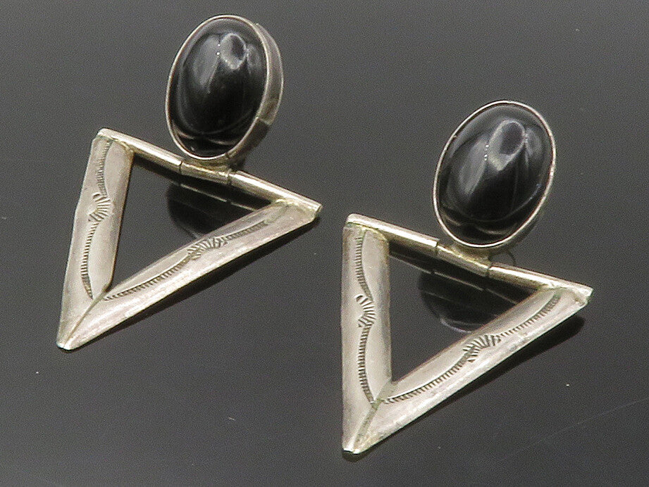 925 Sterling Silver  Vintage Black Onyx Modernist Drop Earrings  EG7202
