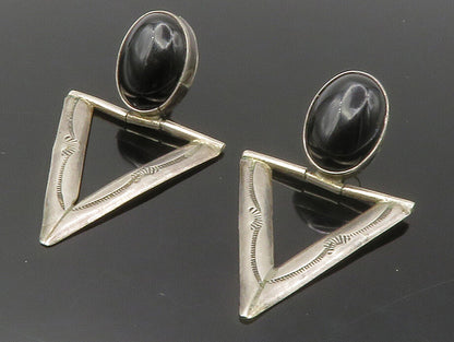 925 Sterling Silver  Vintage Black Onyx Modernist Drop Earrings  EG7202