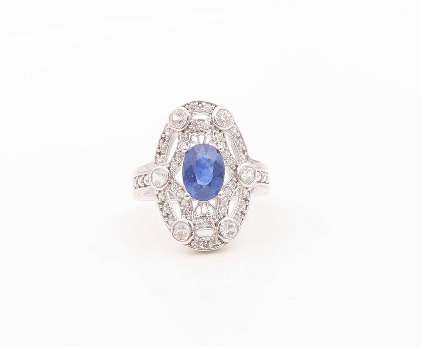 925 Sterling Silver Vintage Ring Oval Sapphire Web Cutout CZ Inlay Sz 7  RG30141