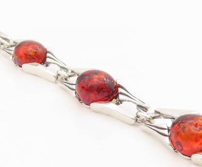 925 Sterling Silver Vintage Bracelet Cabochon Honey Amber Link Chain  BT11536