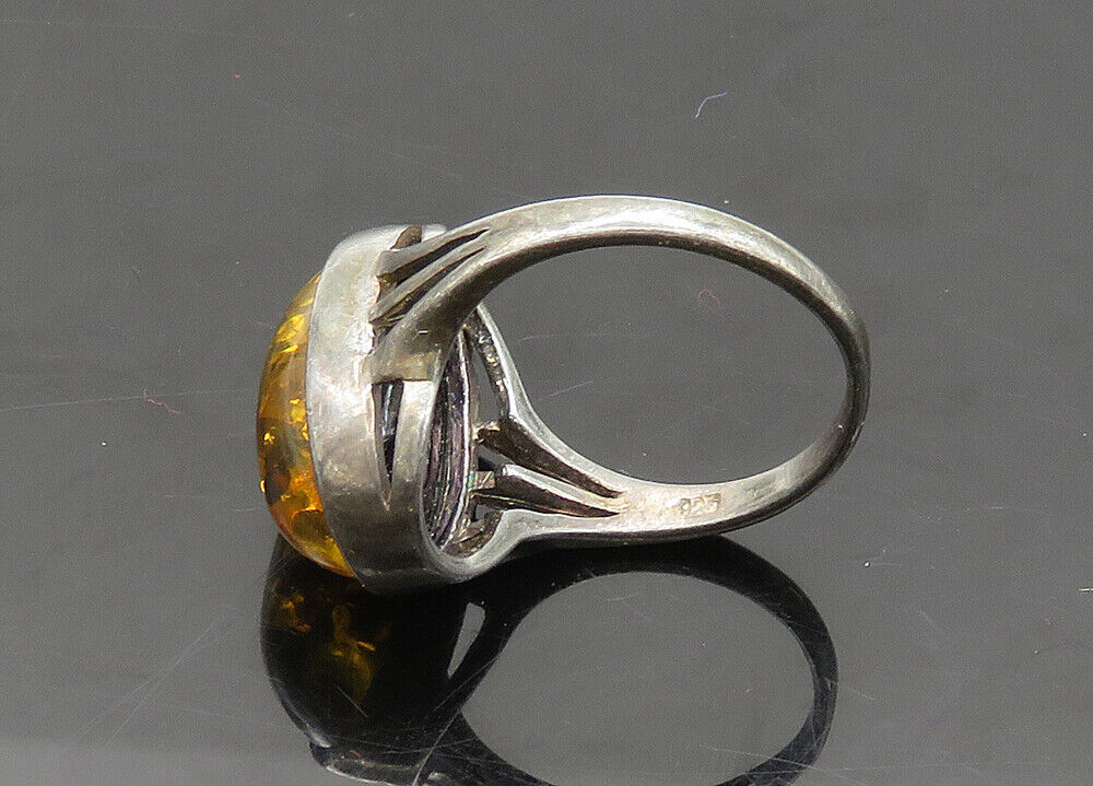 925 Sterling Silver  Vintage Cabochon Cut Amber Cocktail Ring Sz 7  RG20749
