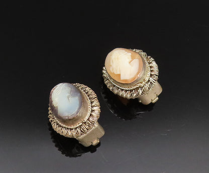 EUROPEAN 925 Silver  Vintage Carved MOP Cameo Non Pierced Earrings  EG12139