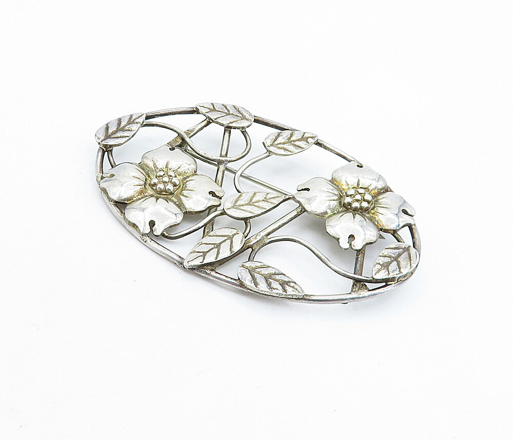 MEXICO 925 Sterling Silver  Vintage Floral Leaf Vine Oval Brooch Pin  BP2504