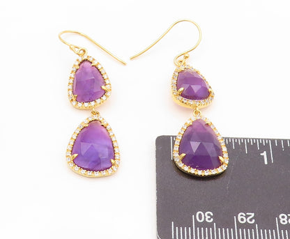925 Sterling Silver Vintage Earrings Gold Plated Amethyst Halo Sapphire  EG13379