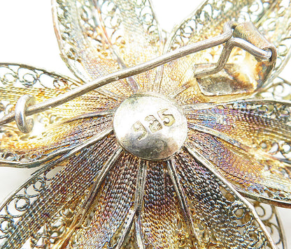 925 Sterling Silver  Vintage Antique Filigree Flower Motif Brooch Pin  BP3089