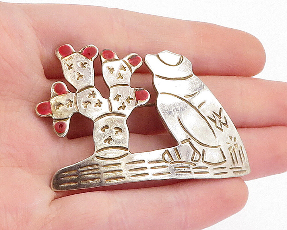 MEXICO 925 Sterling Silver  Vintage Enamel Desert Cactus Brooch Pin  BP2022