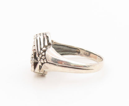 925 Sterling Silver Vintage Ring Carved Gothic Skull & Hands  Sz 13  RG35911