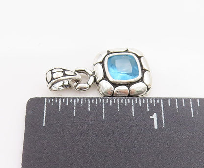925 Sterling Silver Vintage Pendant Blue Topaz Pebbled Geometric Charm  PT25042