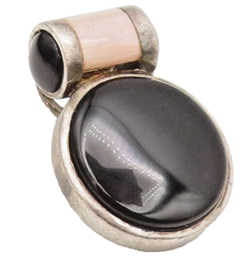 925 Sterling Silver Vintage Pendant Cabochon Onyx & Mother Of Pearls  PT22446