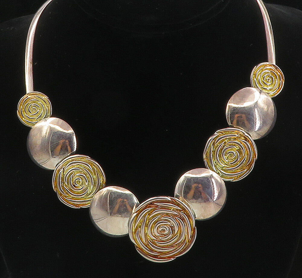 925 Sterling Silver  Vintage Shiny Sculpted Floral Link Chain Necklace  NE1631