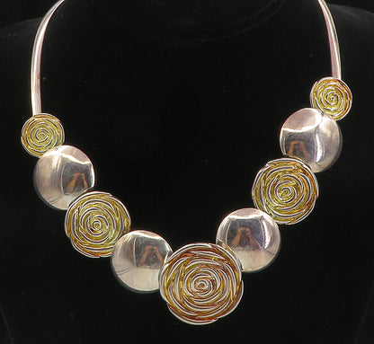 925 Sterling Silver  Vintage Shiny Sculpted Floral Link Chain Necklace  NE1631