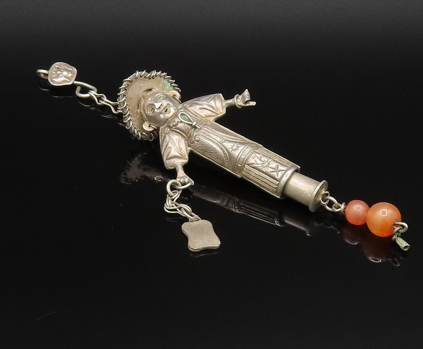 925 Silver  Vintage Sculpted Native Woman & Agate Beads Pendant  PT21615
