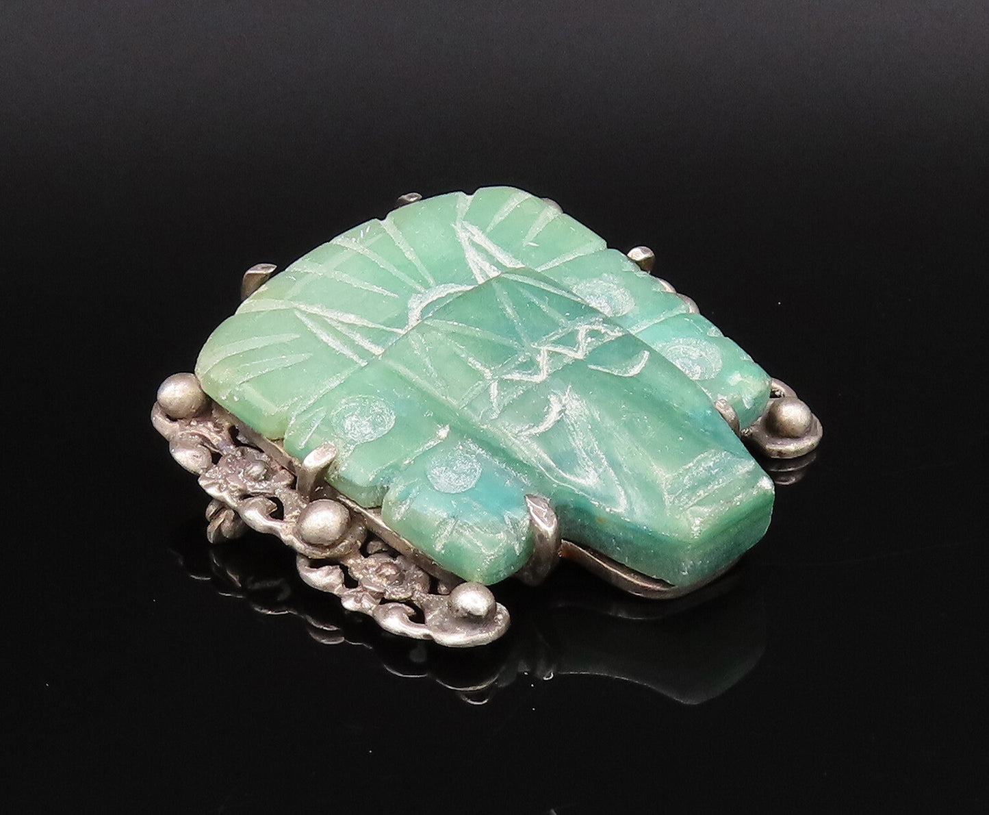 925 Sterling Silver Vintage Jade & Beaded Aztec Warrior Head Brooch Pin BP10009