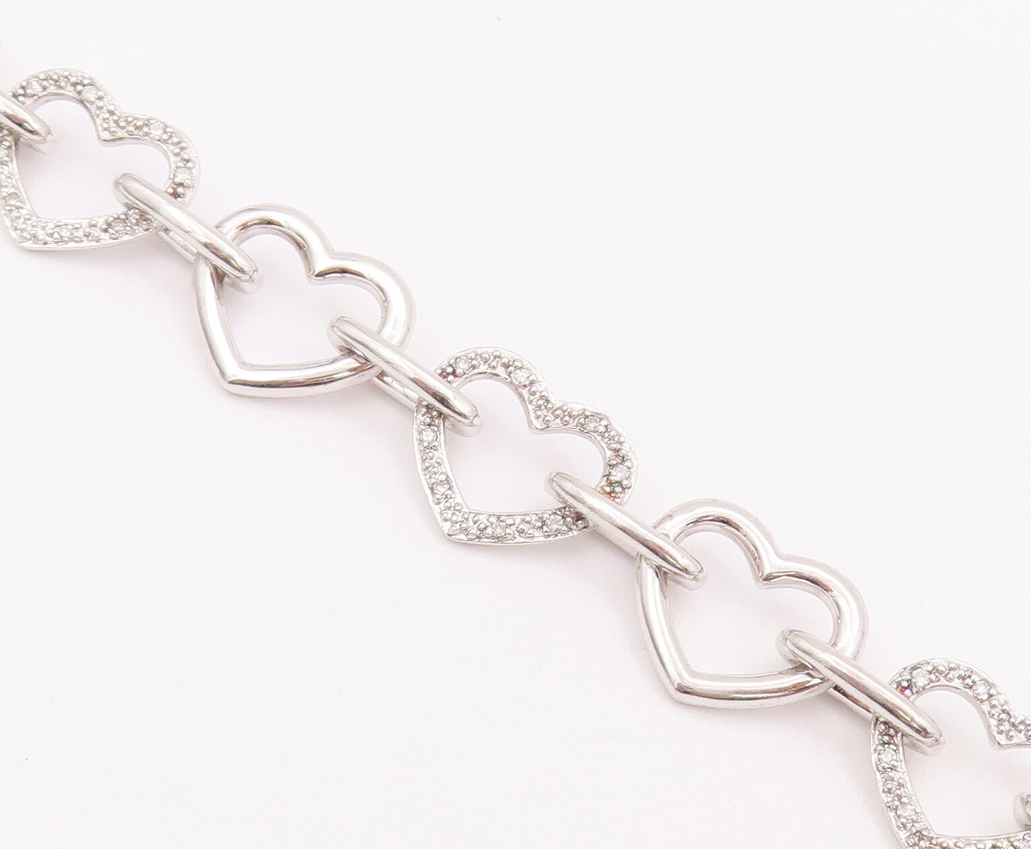 925 Sterling Silver Vintage Bracelet Cutout Real Diamonds Linked Hearts  BT10379