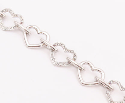 925 Sterling Silver Vintage Bracelet Cutout Real Diamonds Linked Hearts  BT10379