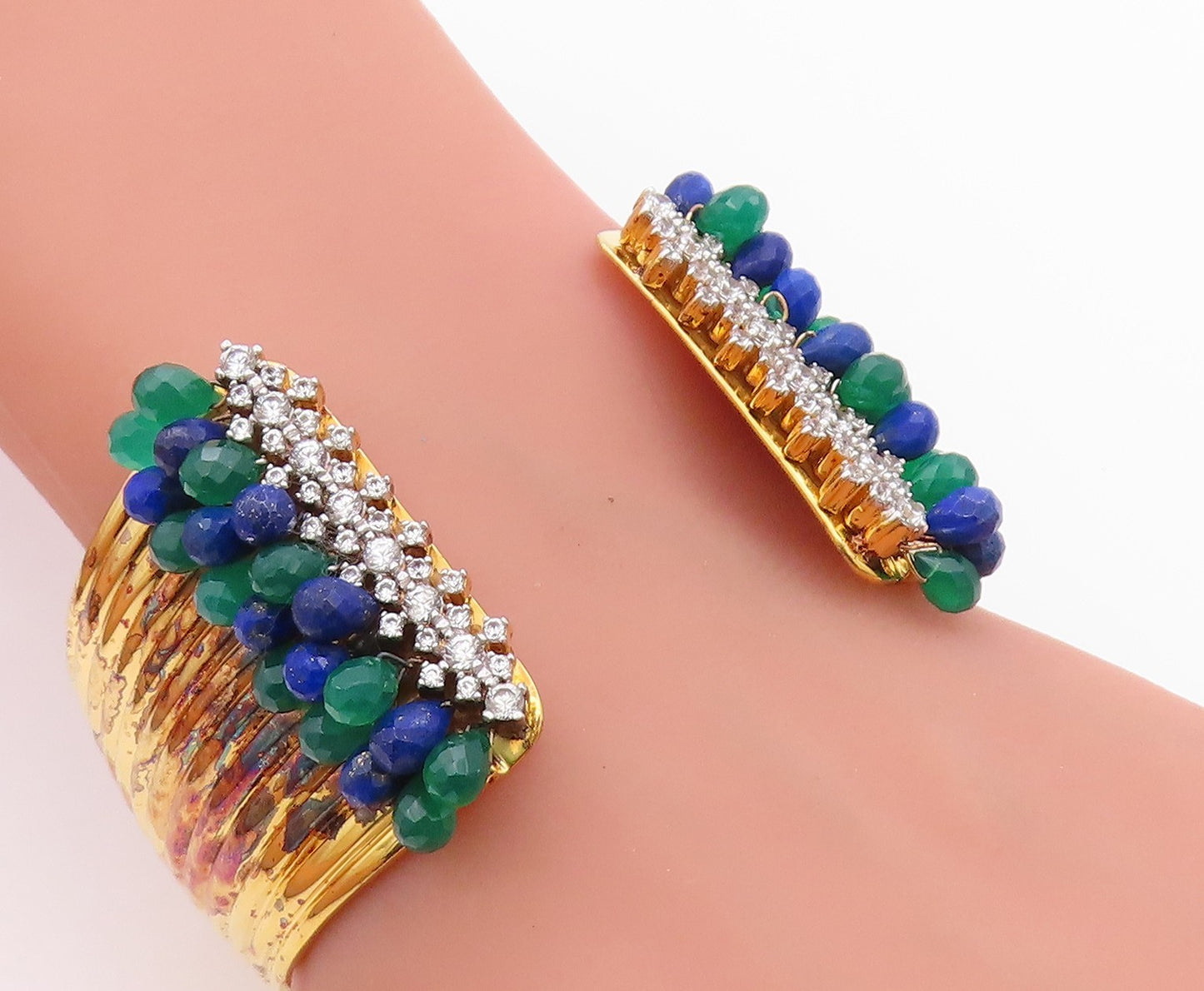 925 Sterling Silver Vintage Bracelet Gold Plated Sapphire Emerald Topaz  BT11344