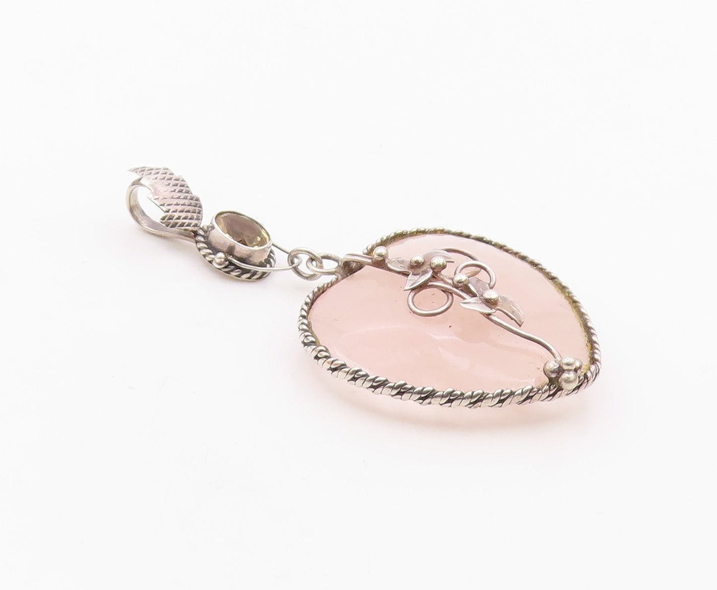 925 Silver  Vintage Rose Quartz Heart & Citrine Floral Vine Pendant  PT16762