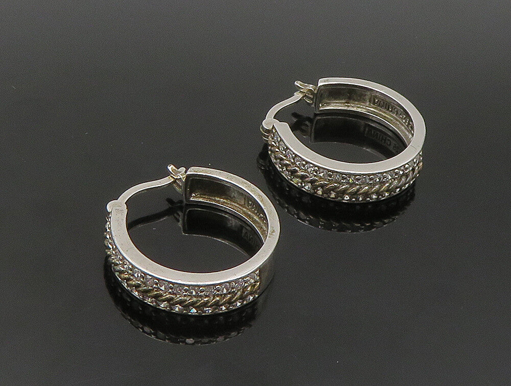 925 Sterling Silver  Vintage White Topaz Two Tone Twist Hoop Earrings  EG11512