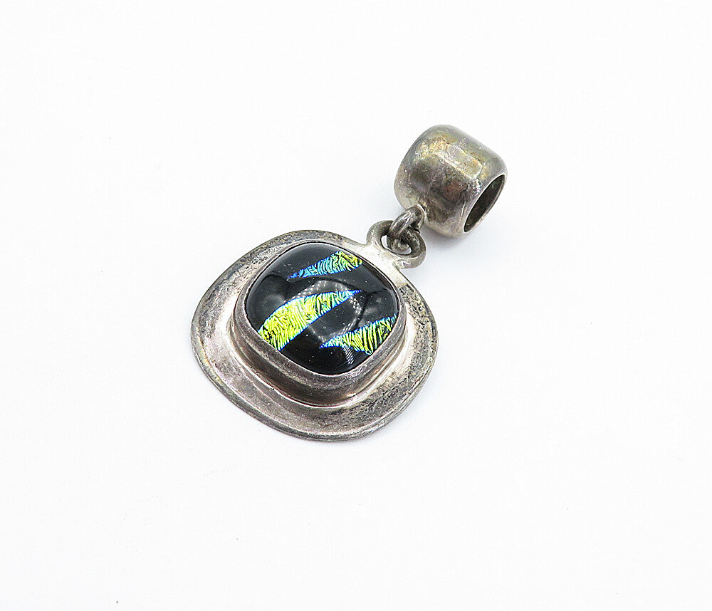 925 Sterling Silver  Vintage Enamel Glitter Art Dark Tone Drop Pendant  PT4075
