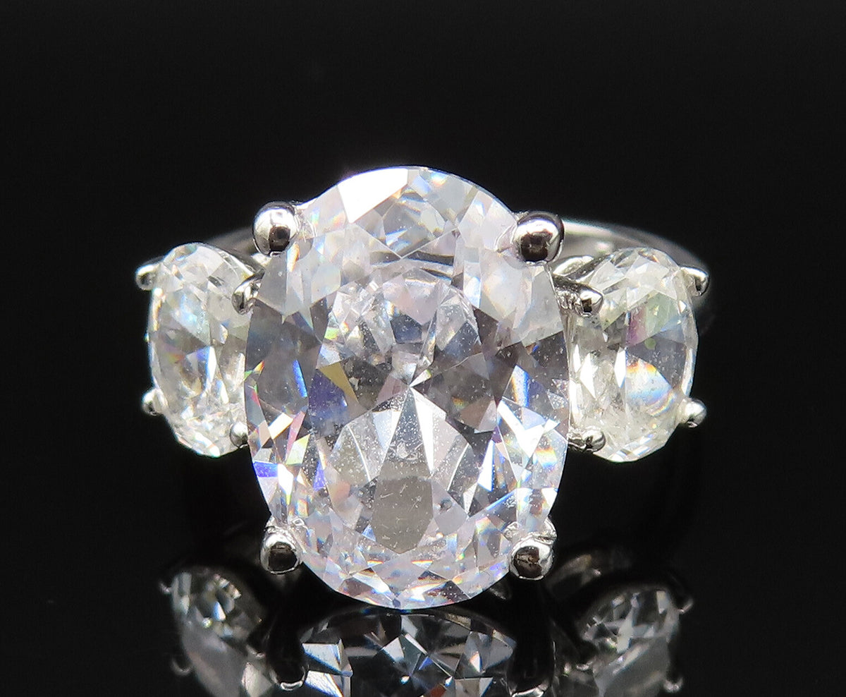 ESPO 925 Silver  Vintage Three Stone Oval Cubic Zirconia Ring Sz 6.5  RG25419