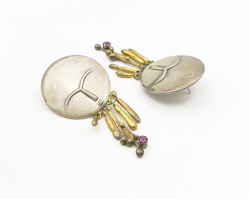 925 Sterling Silver  Vintage Modernist Amethyst Two Tone Drop Earrings  EG5249