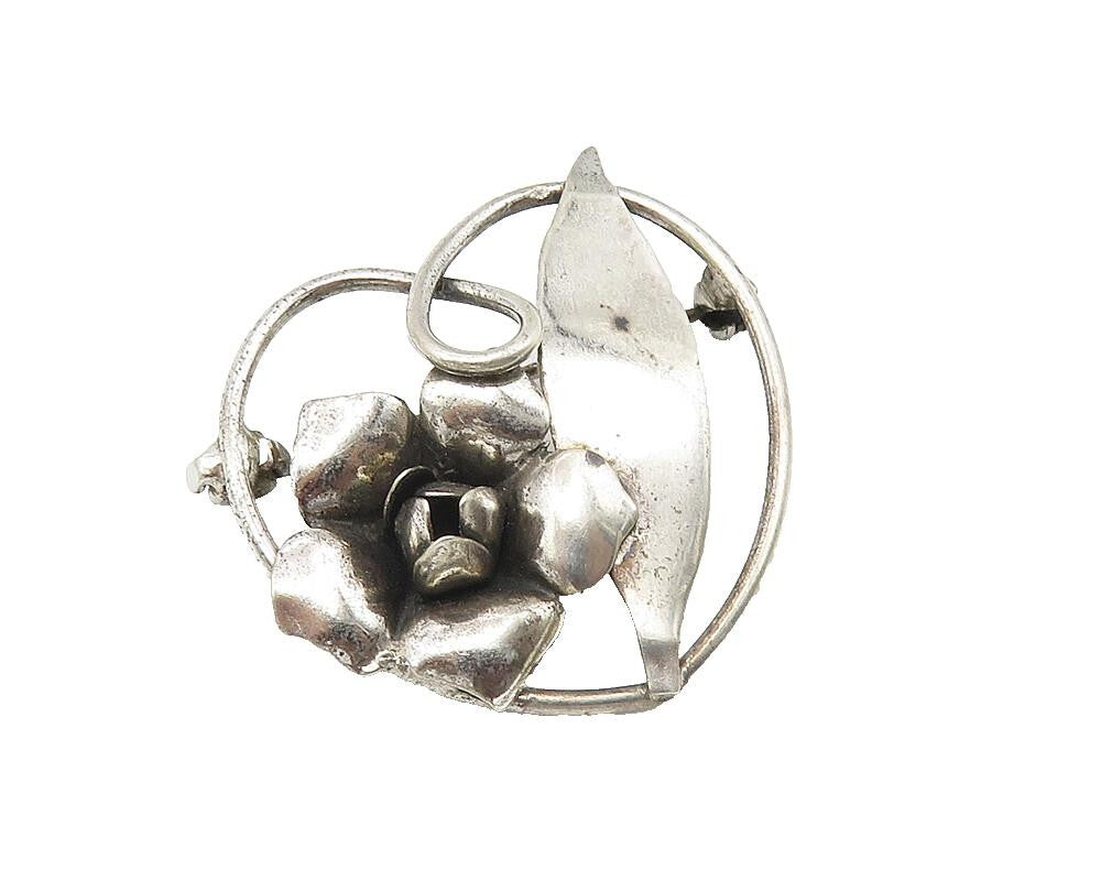 925 Sterling Silver  Vintage Dark Tone Sculpted Flower Heart Brooch Pin BP4238
