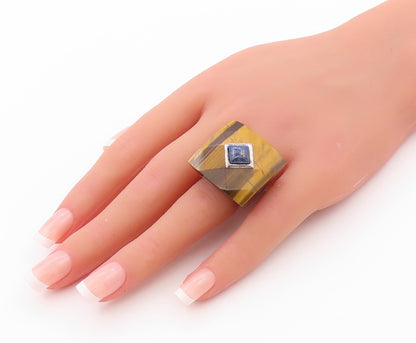 925 Sterling Silver Vintage Ring Tiger's Eye Square Lapis Lazuli  Sz 5  RG32622