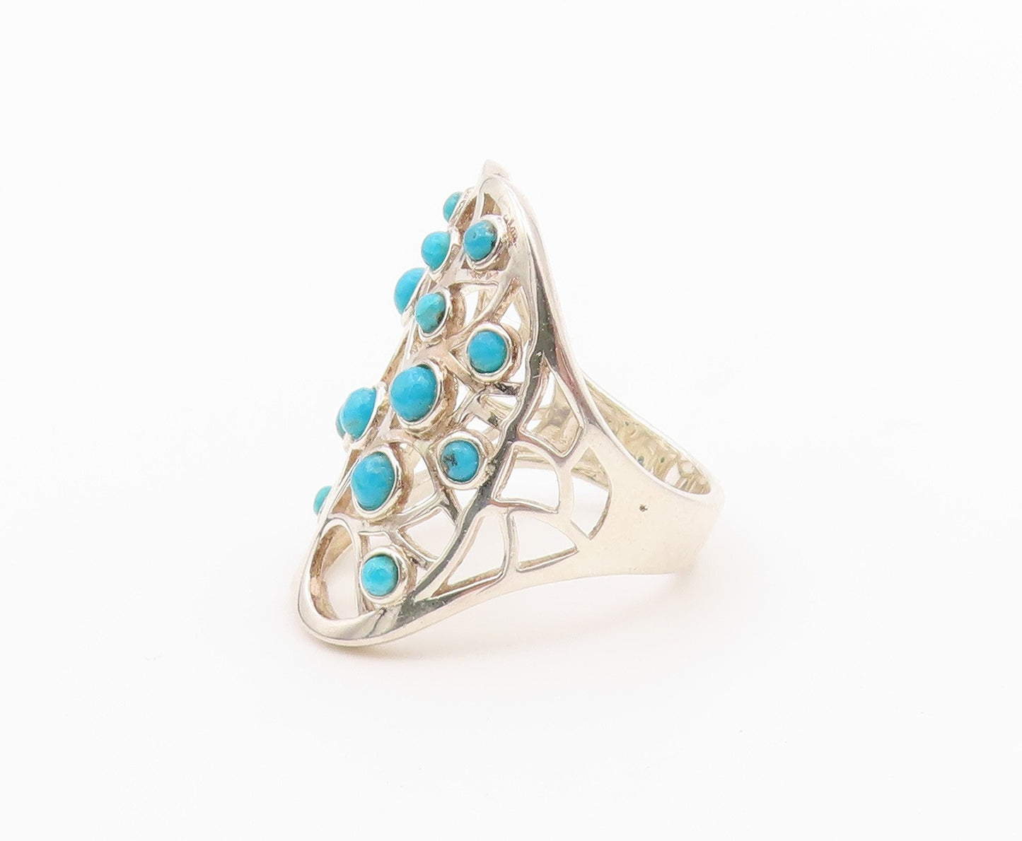 925 Sterling Silver Vintage Ring Round Turquoise Openwork Band  Sz 8.5  RG36449