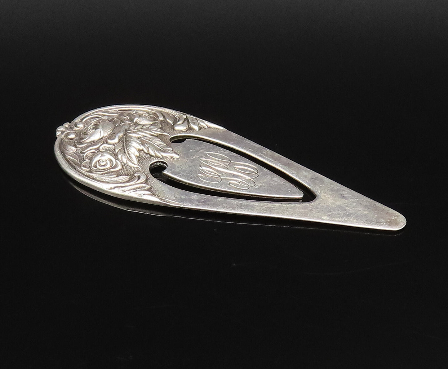 S. KIRK & SON 925 Silver  Vintage Carved Three Rose Flowers Bookmark  TR3456