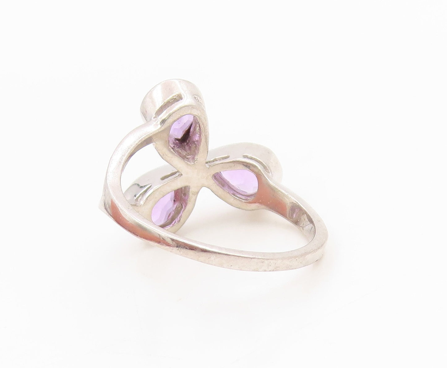 925 Sterling Silver Vintage Ring Three Stone Amethyst Floral Petal Sz 7 RG36184