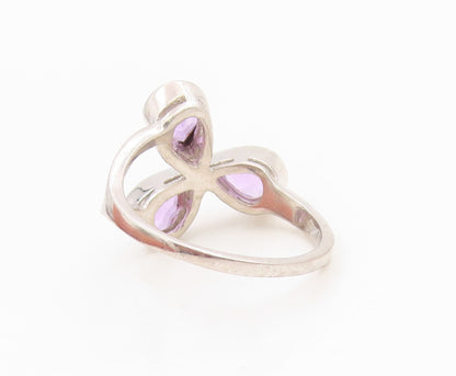 925 Sterling Silver Vintage Ring Three Stone Amethyst Floral Petal Sz 7 RG36184