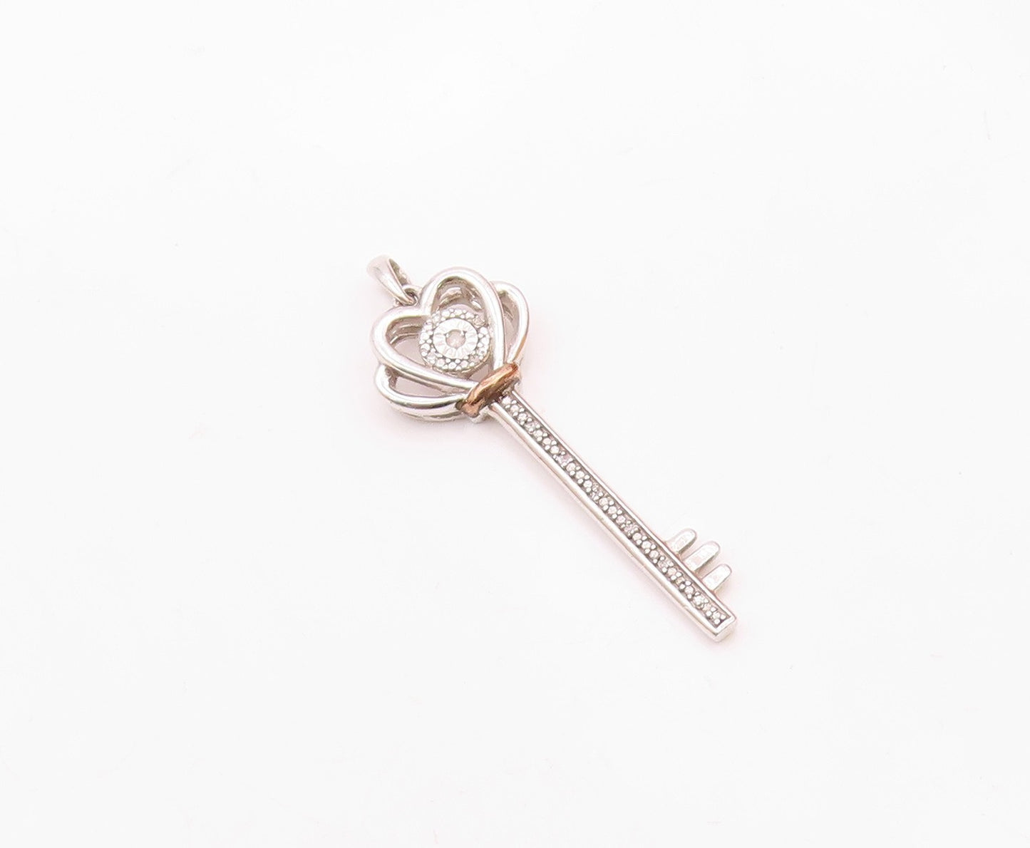 10K GOLD & 925 Silver  Vintage Two Tone Genuine Diamond Key Pendant  PT21168