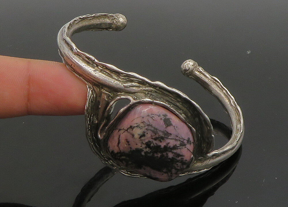 925 Sterling Silver  Vintage Rhodonite Modernist Sculpted Cuff Bracelet BT9130
