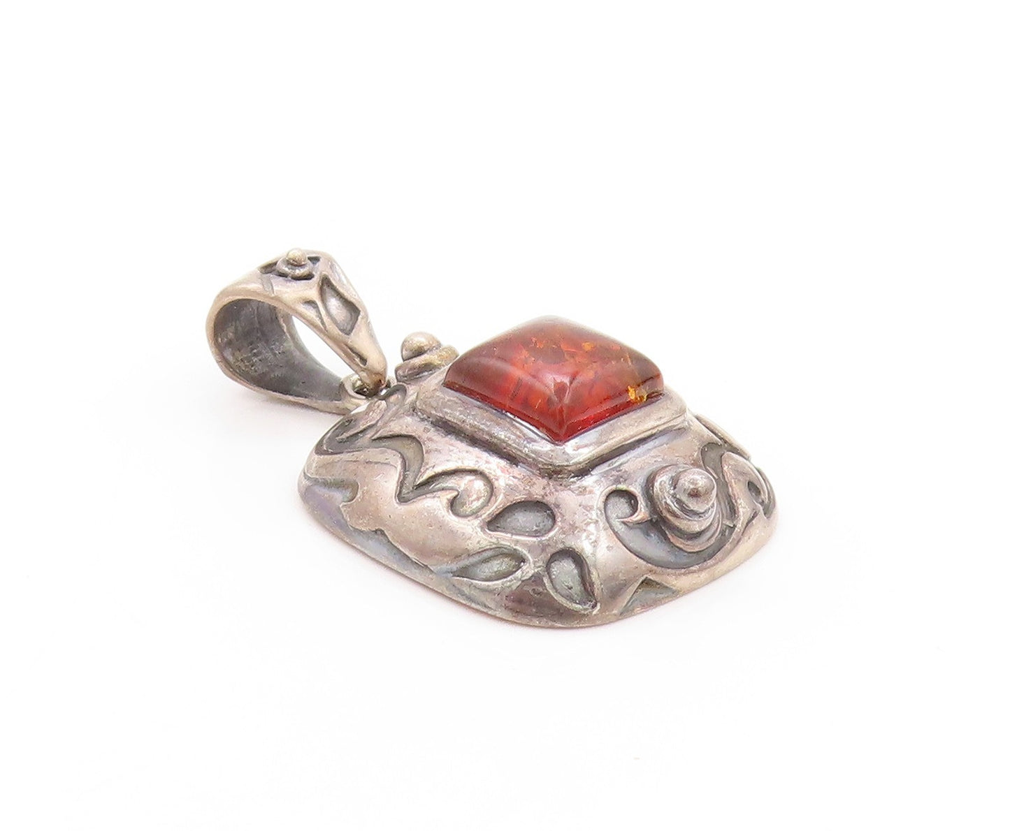 925 Sterling Silver Vintage Pendant SILPADA Swirly Carved Honey Amber  PT24198