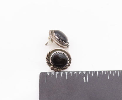 925 Sterling Silver Vintage Earrings NAVAJO Cabochon Onyx Halo Carved  EG13119