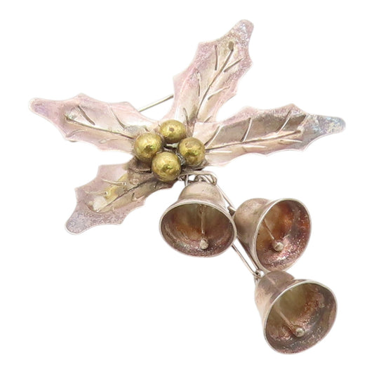925 Sterling Silver Vintage Brooch Pin TAXCO MEXICO Bells & Holl Leaf  BP12559
