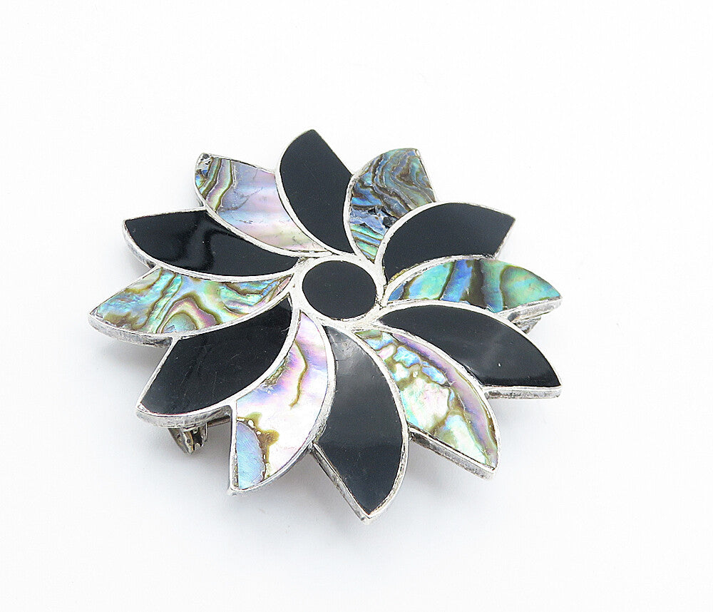 TAXCO 925 Sterling Silver  Vintage Abalone & Black Onyx Brooch Pin  BP2805