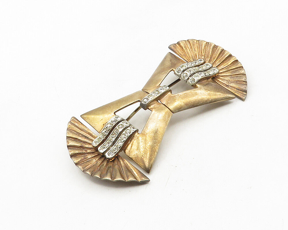 925 Sterling Silver  Vintage White Topaz Modernist Bow Brooch Pin  BP3964