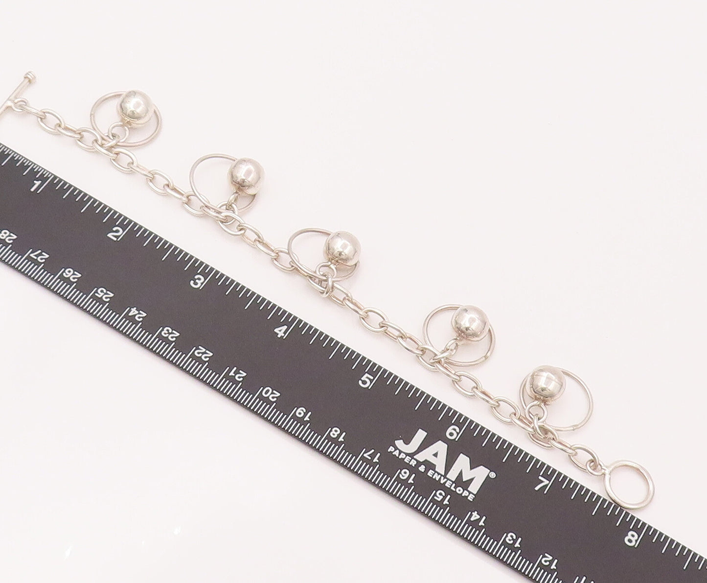 925 Silver  Vintage Round Link Chain Dangling Beaded Ring Bracelet  BT9862