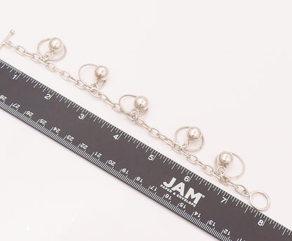 925 Silver  Vintage Round Link Chain Dangling Beaded Ring Bracelet  BT9862