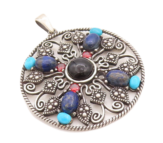 925 Sterling Silver Vintage Pendant Dark Tone Cutout Gemstone Inlay PT23648