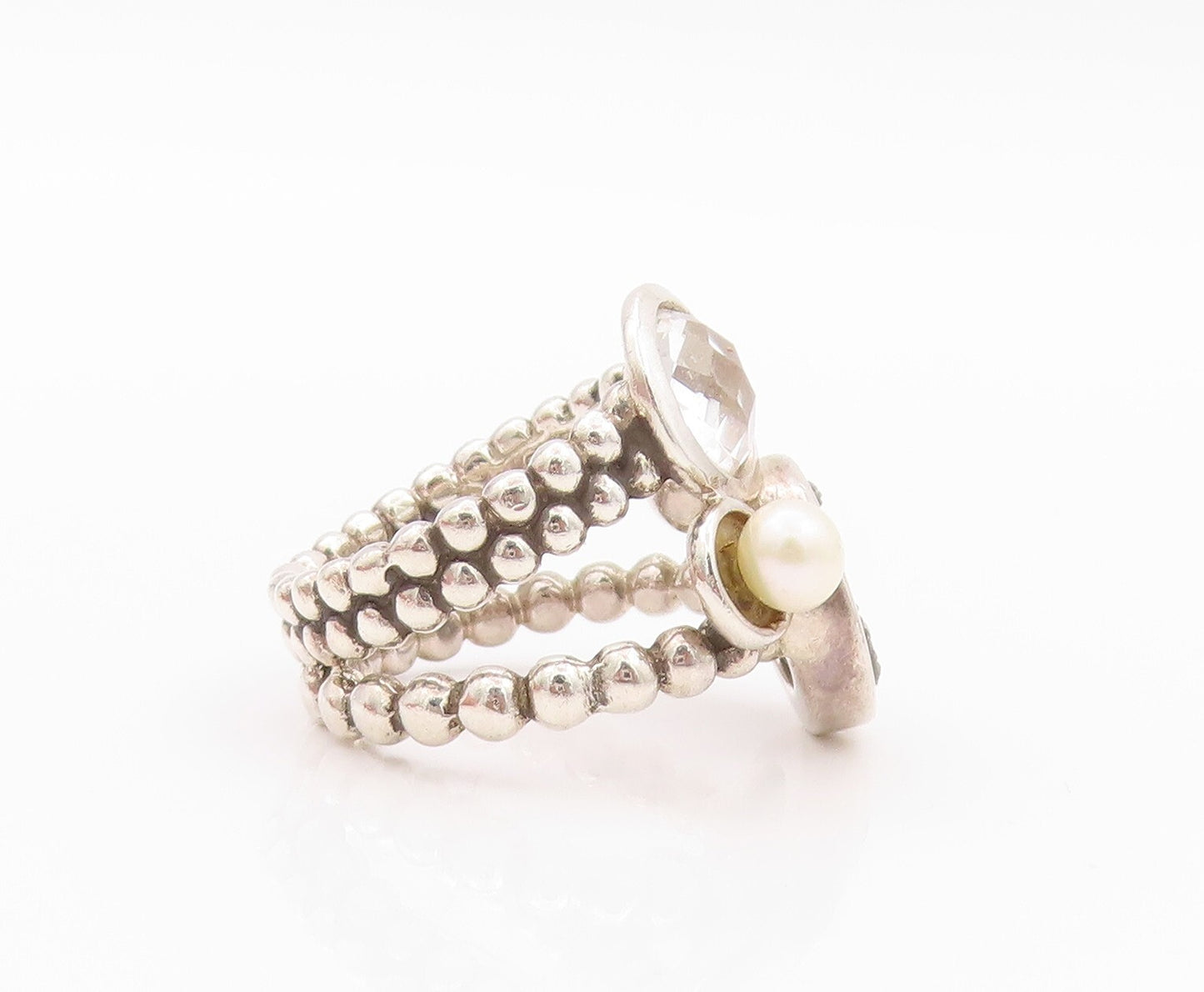 925 Sterling Silver Vintage Ring MICHAEL DAWKINS Drusy Quartz Pearl SZ 7 RG32191