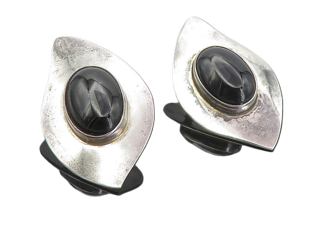 MEXICO 925 Sterling Silver  Vintage Cabochon Black Onyx Drop Earrings  EG4095
