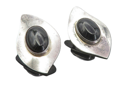 MEXICO 925 Sterling Silver  Vintage Cabochon Black Onyx Drop Earrings  EG4095