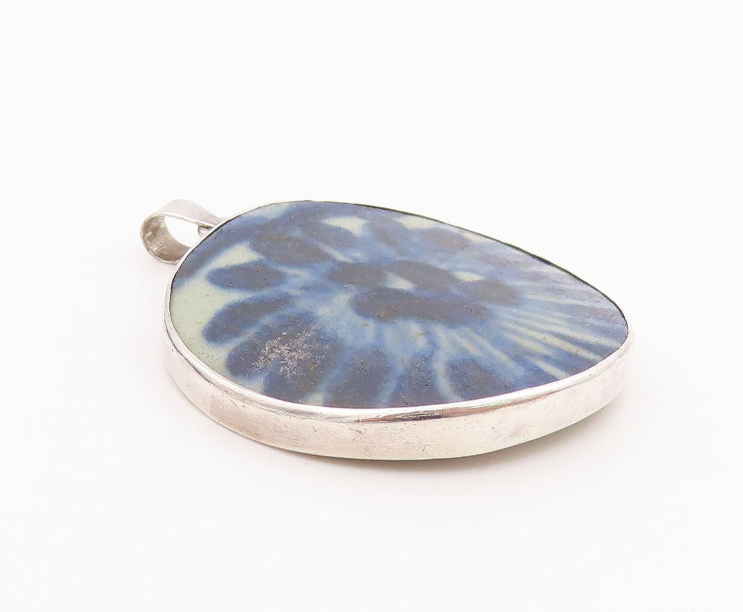 925 Sterling Silver Vintage Pendant Large Round Blue Chinese Ceramic  PT24566