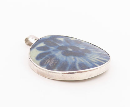 925 Sterling Silver Vintage Pendant Large Round Blue Chinese Ceramic  PT24566