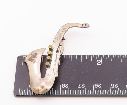 MEXICO 925 Sterling Silver  Vintage Two Tone Saxophone Brooch Pin  BP6590