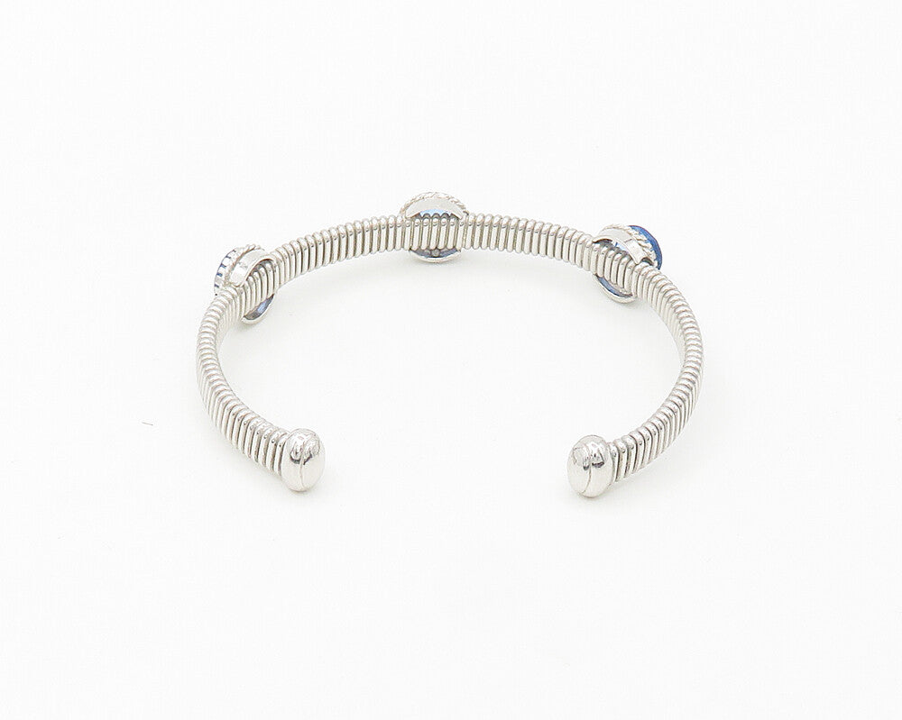 925 Sterling Silver  Faceted Blue Topaz Shiny Ribbed Cuff Bracelet  BT7174