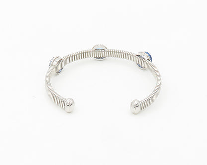 925 Sterling Silver  Faceted Blue Topaz Shiny Ribbed Cuff Bracelet  BT7174