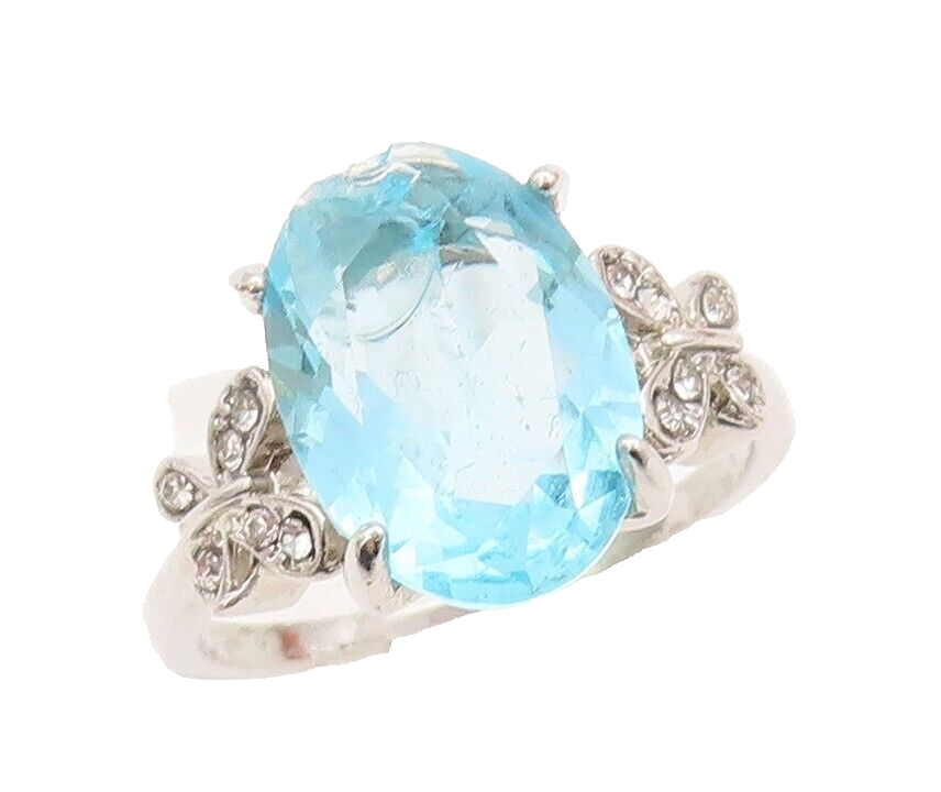 925 Sterling Silver Vintage Ring Oval Cut Blue & White CZ Carved  Sz 9  RG28472
